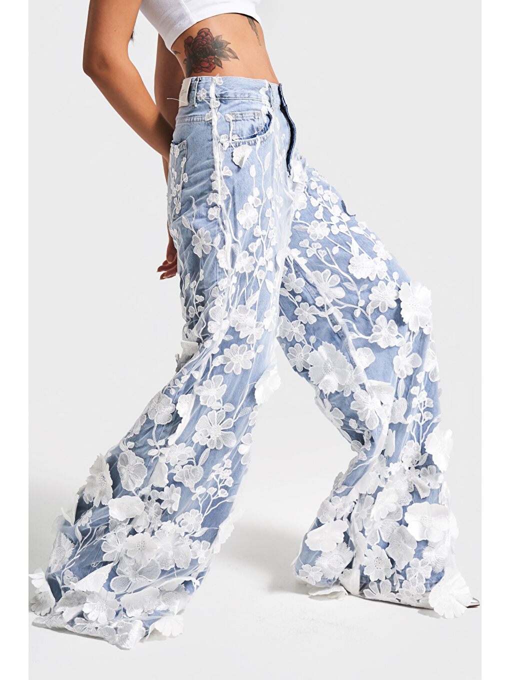 Mavi Kadın Ice Jean Rengi Çiçek Dantel Tül Detaylı Palazzo Fit Özel Tasarım Denim Jean-4