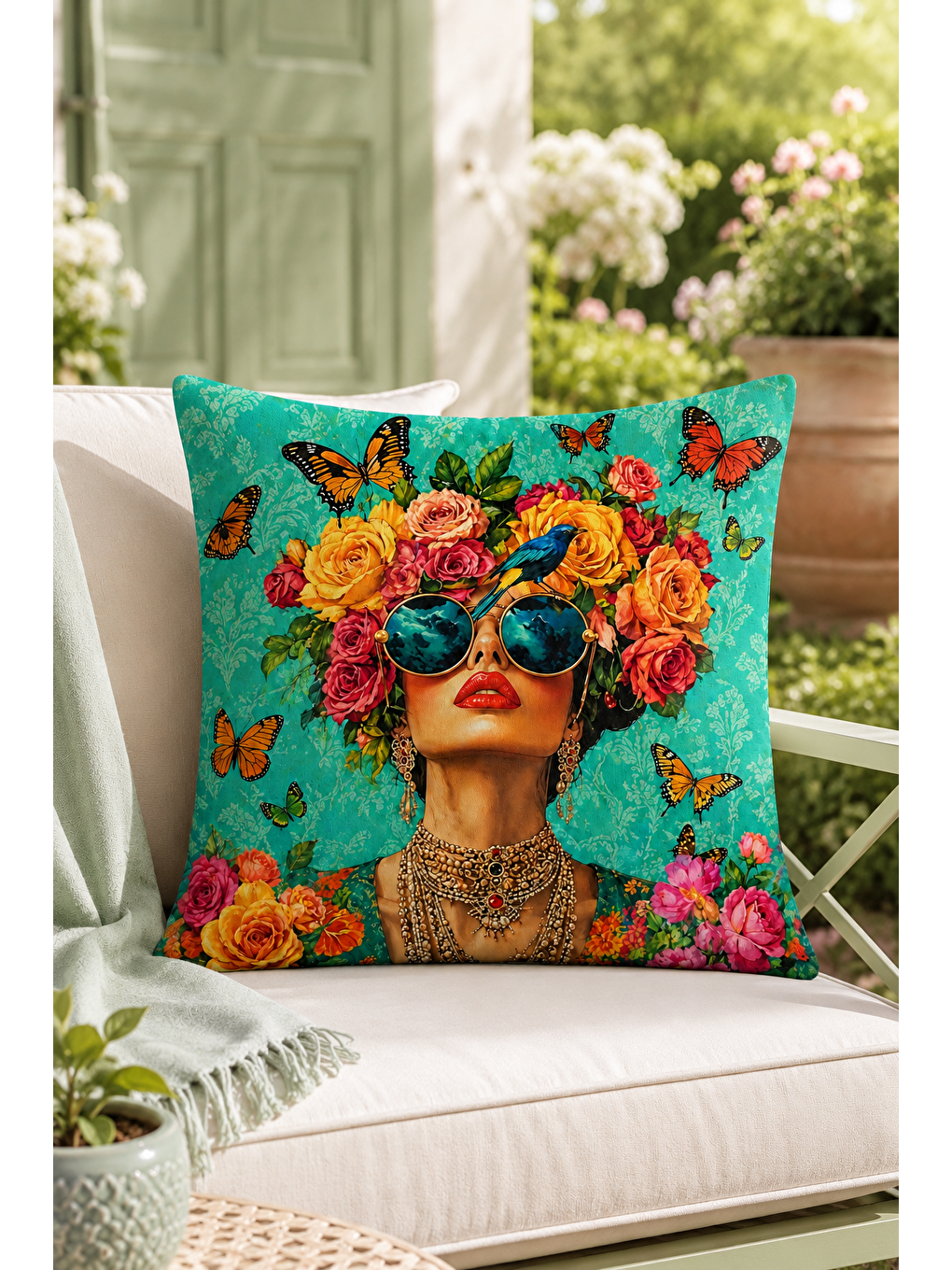 Turkuaz Çiçek Taçlı Kadın Kelebek Desenli Dekoratif Kırlent Kılıfı Bohem Salon Dekor 43x43 Cm-1