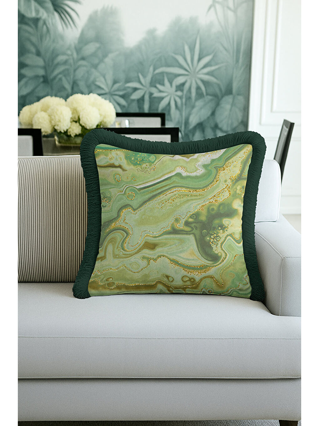 Karışık Zümrüt Mermer Saçaklı Yastık Kılıfı - Lüks Bohem Yeşil Altın Renkli Püsküllü Kırlent Kılıfı-2