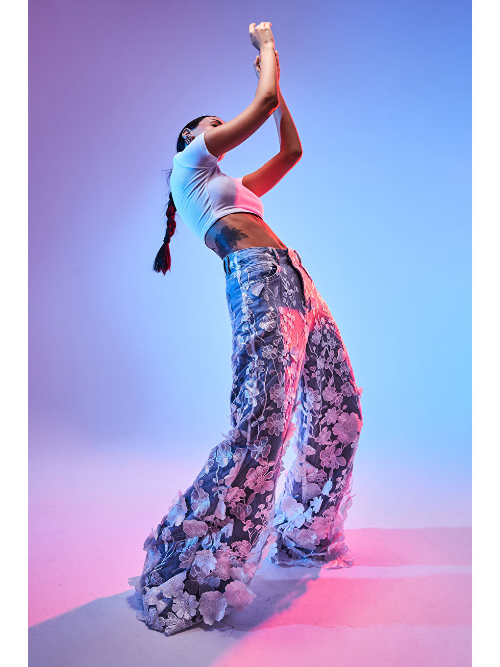 Mavi Kadın Ice Jean Rengi Çiçek Dantel Tül Detaylı Palazzo Fit Özel Tasarım Denim Jean-5