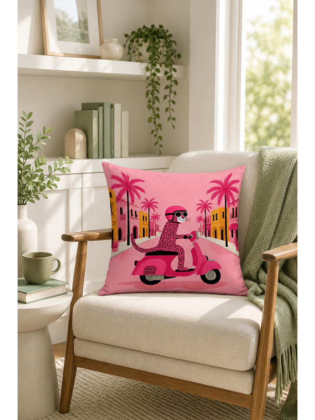 Pembe Scooter Leopar Desenli Dekoratif Kırlent Kılıfı Pop Art Yazlık Dekor 43x43 Cm-6