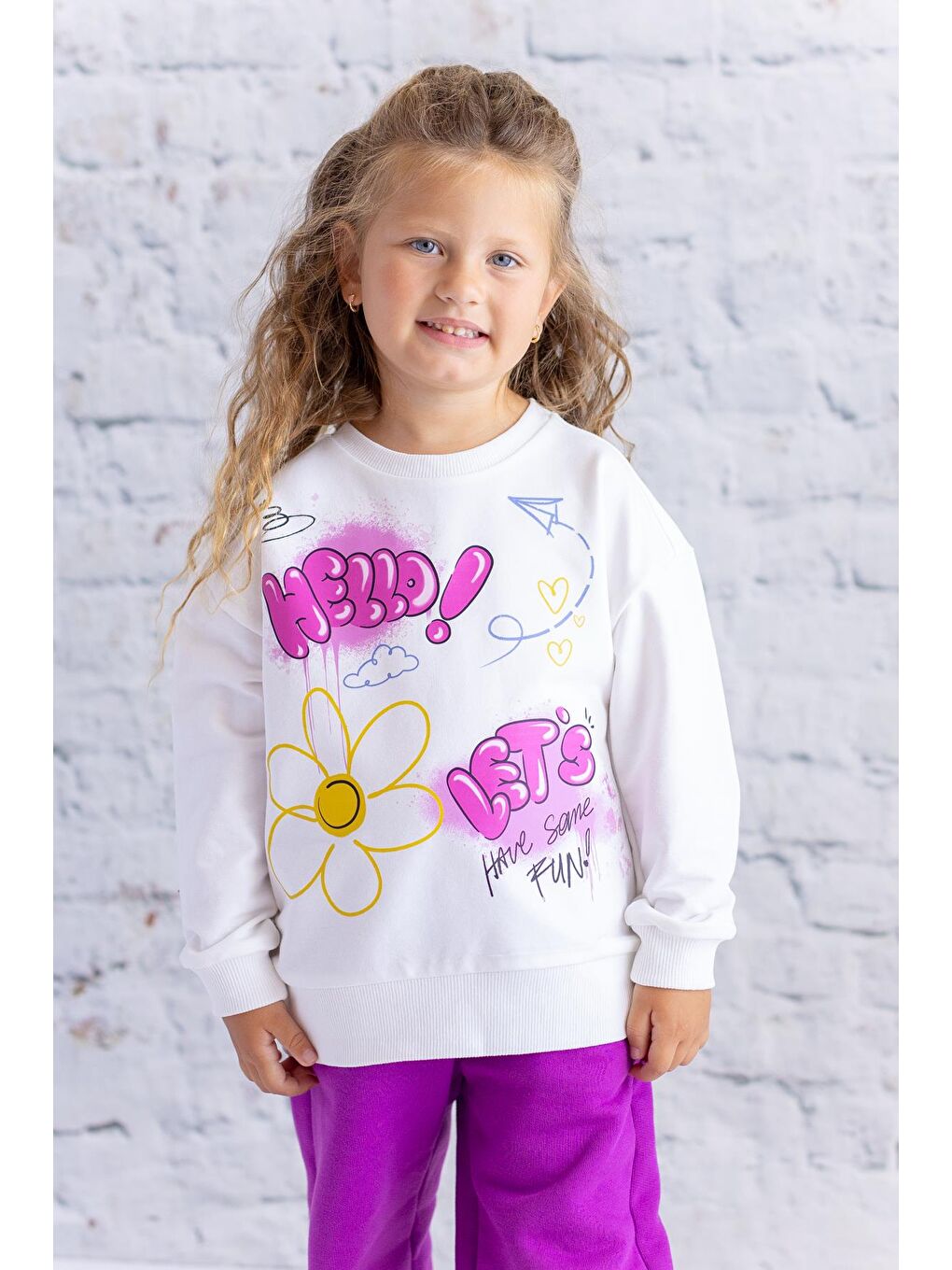 Kız Çocuk Baskılı Sweatshirt - Ekru
