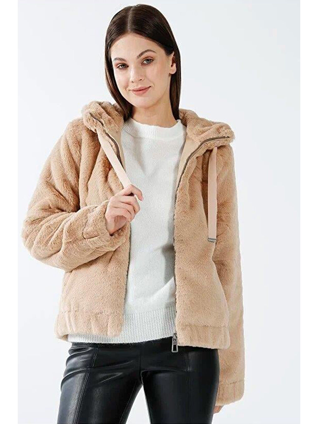 Bej Onlvida Regular Fit Yumuşak Dokulu Kapüşonlu Kısa Kadın Mont 15260047