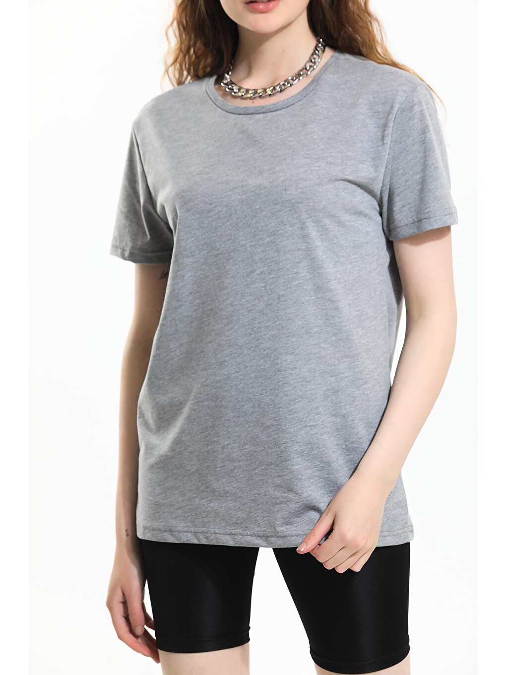 Gri Oversize Fit Pamuklu Kısa Kollu Basic Uniseks Kadın Erkek Tişört-1