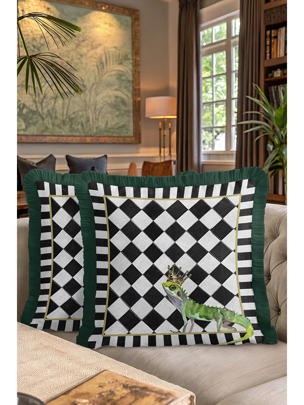 Karışık Lüks Kraliyet Saçaklı Yastık Kılıfı - Kral Bukalemun Eklektik Siyah Yeşil Püsküllü Kırlent Kılıfı-7
