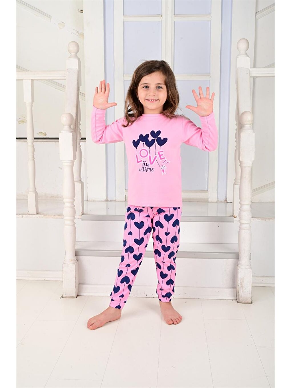 Kız Çocuk Uzun Kollu Pijama Takımı Ballon Hearth Pembe-2