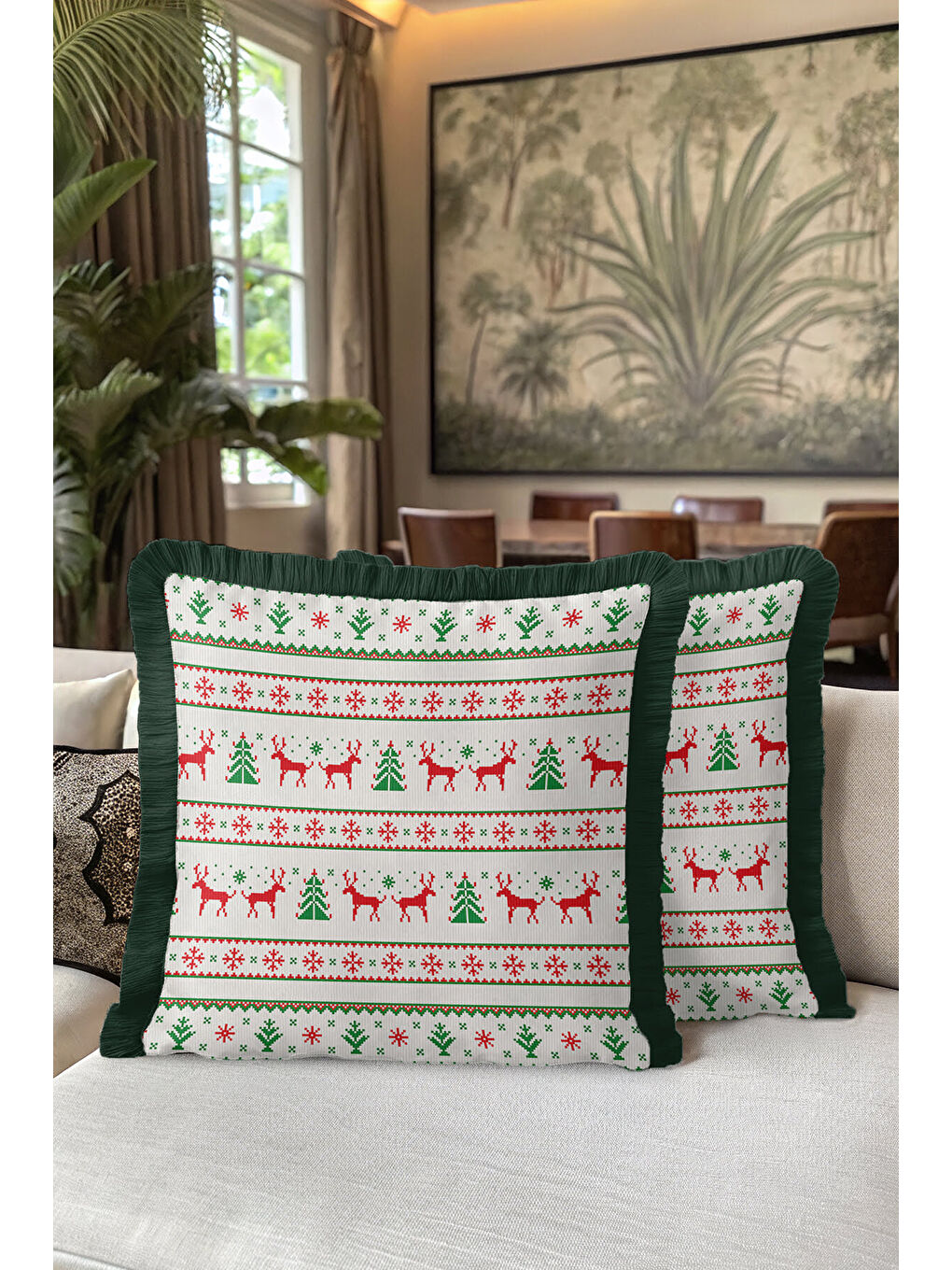 Karışık Yeni Yıl Saçaklı Yastık Kılıfı - Çam Ağacı Geyik Temalı Kırmızı Yeşil Bohem Püsküllü Kırlent Kılıfı-5