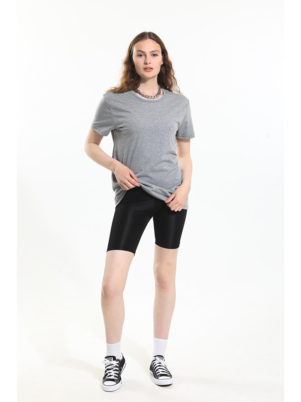 Gri Oversize Fit Pamuklu Kısa Kollu Basic Uniseks Kadın Erkek Tişört-2