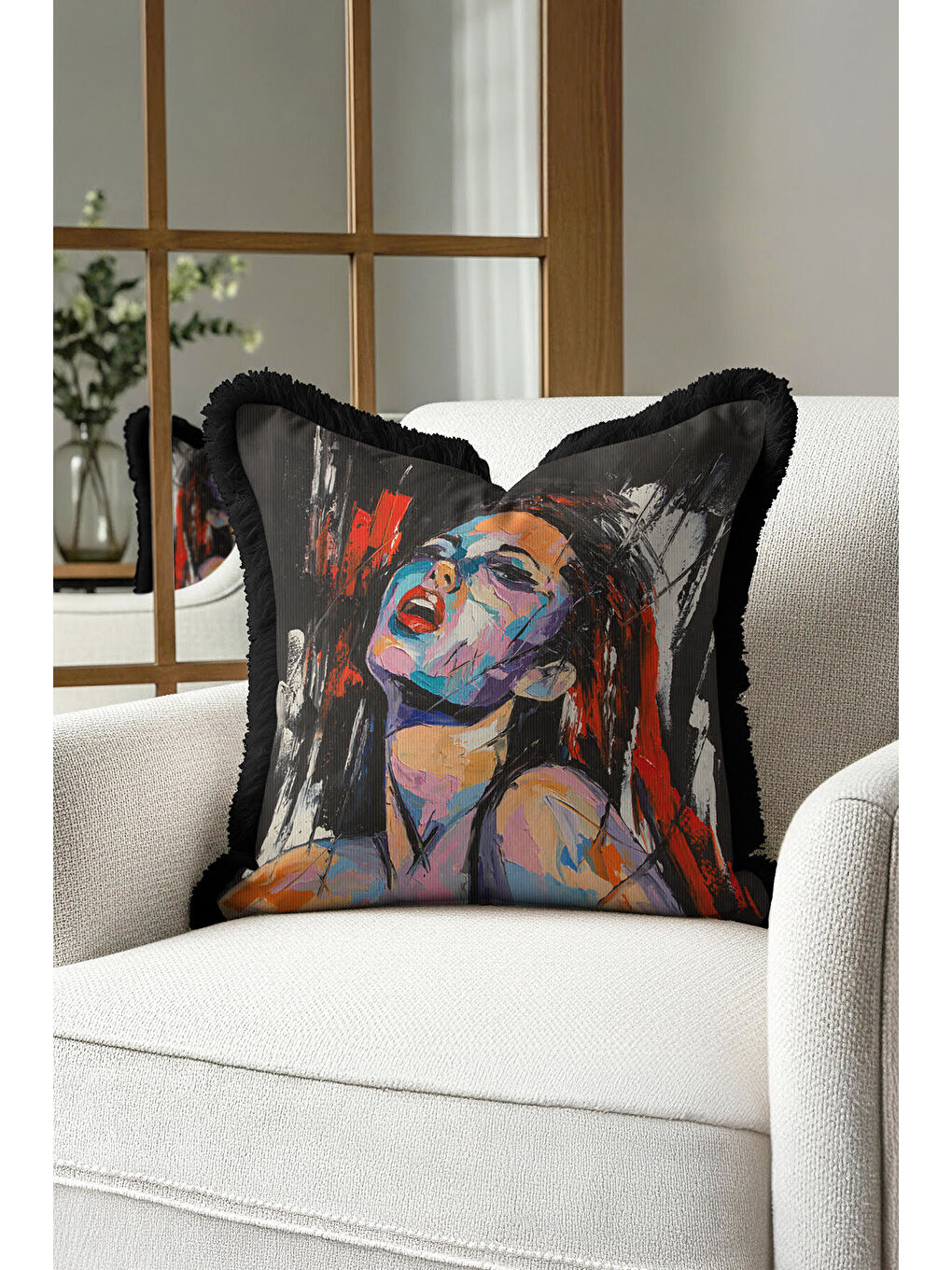 Karışık Soyut Portre Sanat Saçaklı Yastık Kılıfı - Modern Siyah Kırmızı Püsküllü Kırlent Kılıfı-1