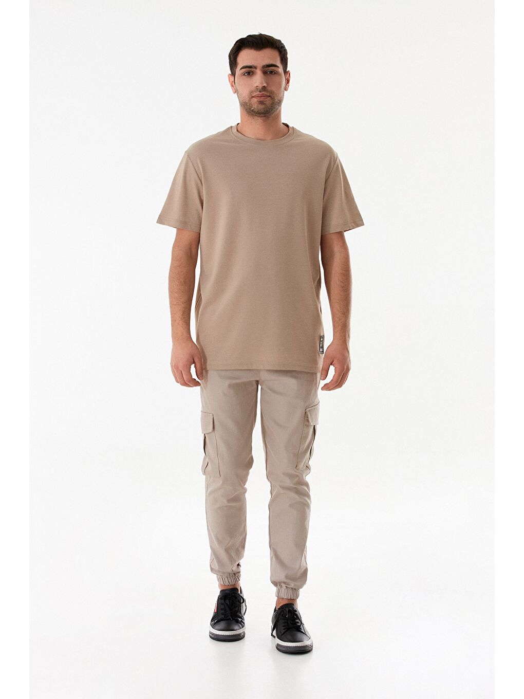 Bej Basic Süprem Kumaş Bisiklet Yaka Tişört-1