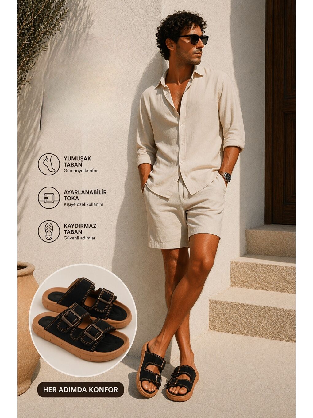 Siyah AUGUSTA Ayarlanabilir Çift Tokalı Günlük Erkek Terlik-2