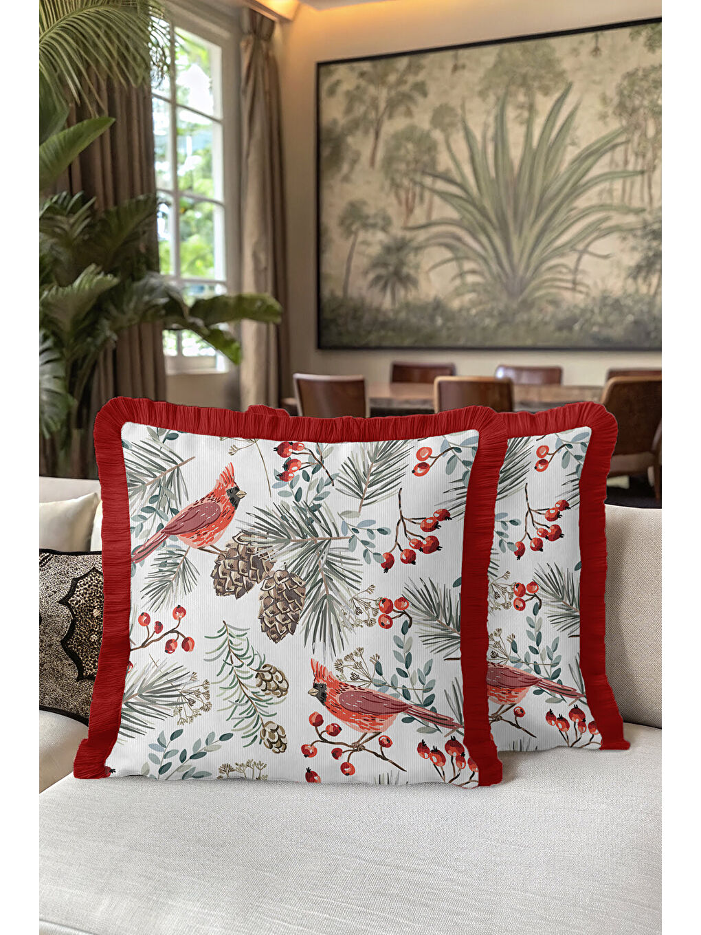 Karışık Kuş Motifli Saçaklı Yastık Kılıfı - Kış Bahçesi Rustik Kırmızı Püsküllü Kırlent Kılıfı-5