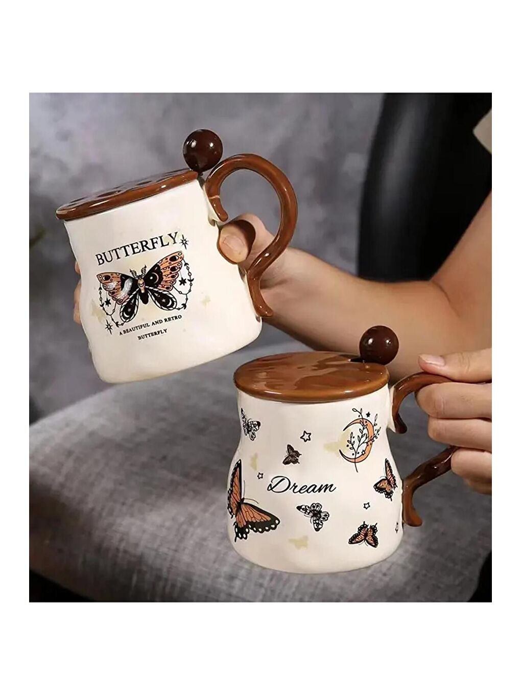 Karışık Vintage Kelebek Desenli Seramik Kupa-1