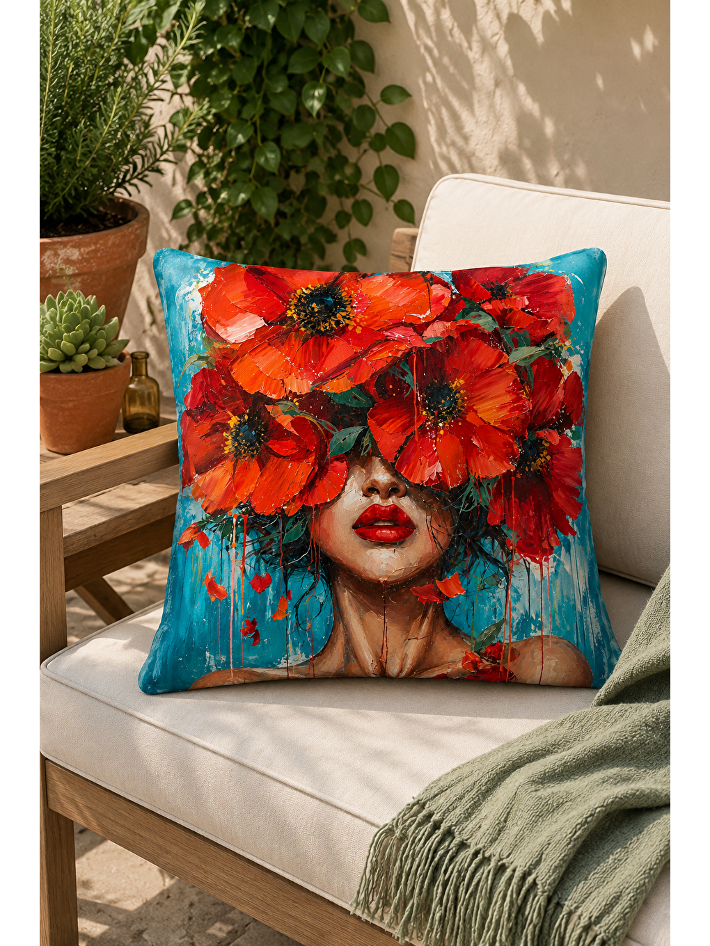 Kırmızı Çiçekli Kadın Portre Desenli Dekoratif Kırlent Kılıfı Bohem Dekor 43x43 Cm-5