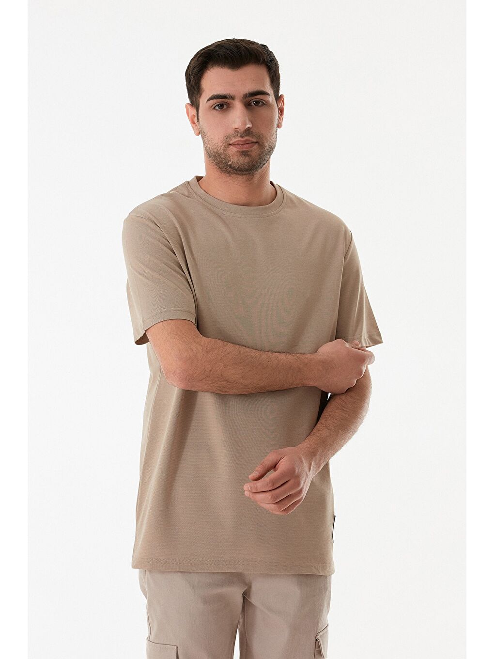 Bej Basic Süprem Kumaş Bisiklet Yaka Tişört-4