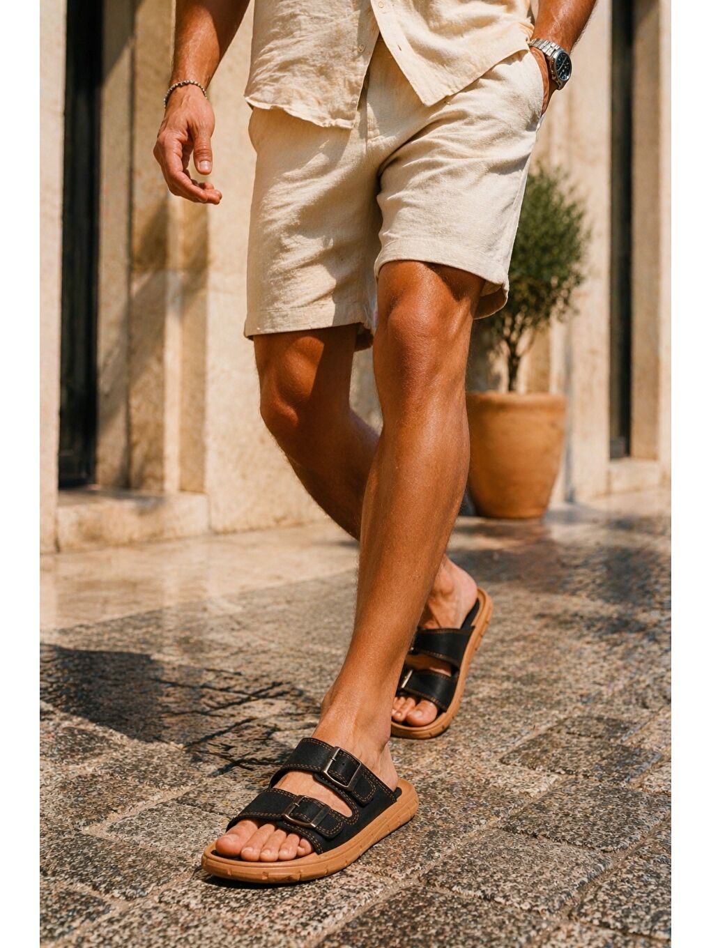 Siyah AUGUSTA Ayarlanabilir Çift Tokalı Günlük Erkek Terlik-3