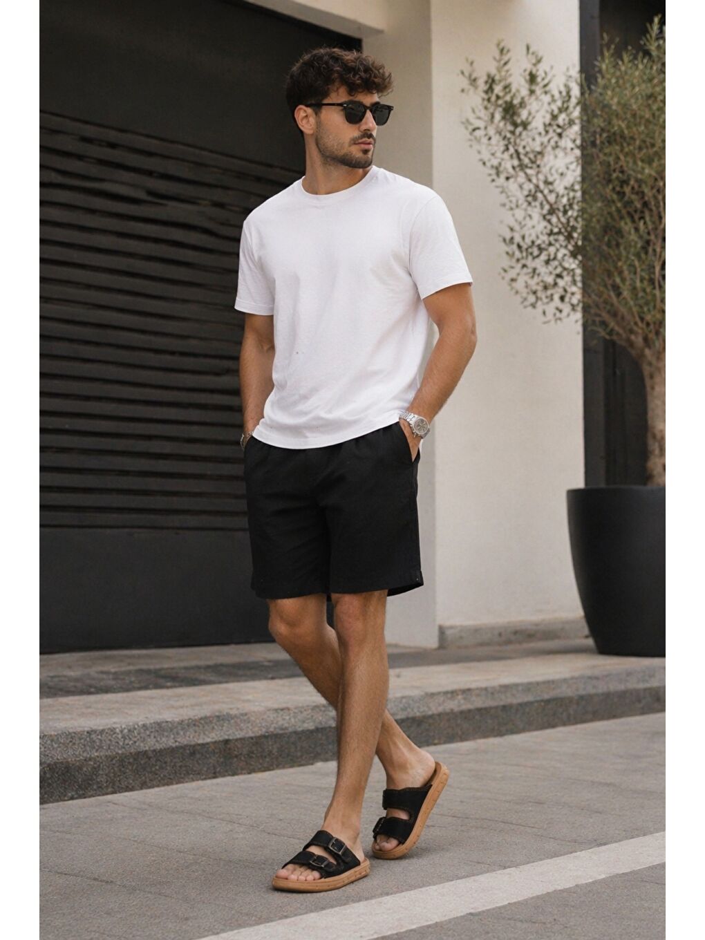 Siyah AUGUSTA Ayarlanabilir Çift Tokalı Günlük Erkek Terlik-4