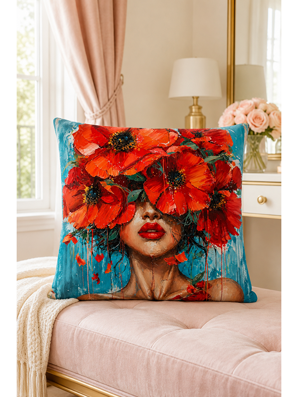 Kırmızı Çiçekli Kadın Portre Desenli Dekoratif Kırlent Kılıfı Bohem Dekor 43x43 Cm-6