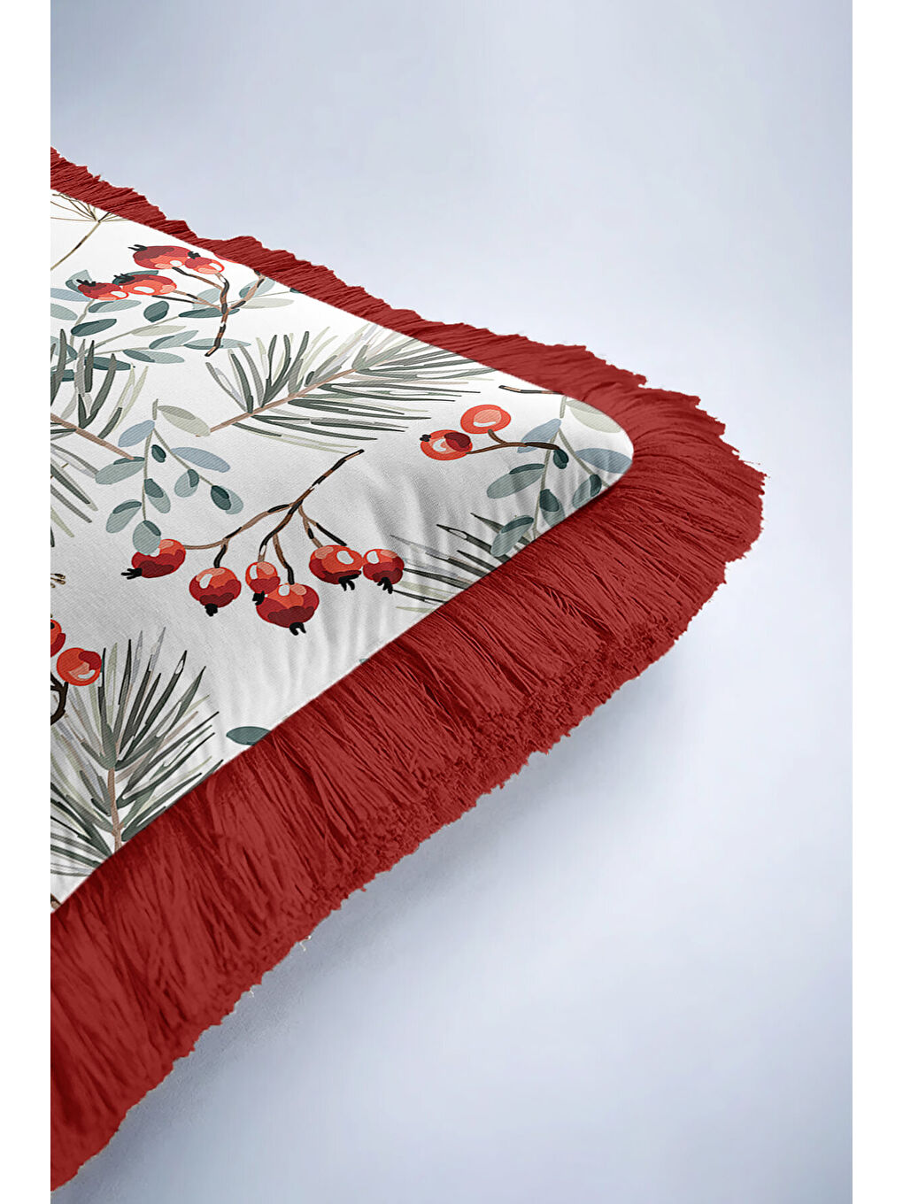 Karışık Kuş Motifli Saçaklı Yastık Kılıfı - Kış Bahçesi Rustik Kırmızı Püsküllü Kırlent Kılıfı-6