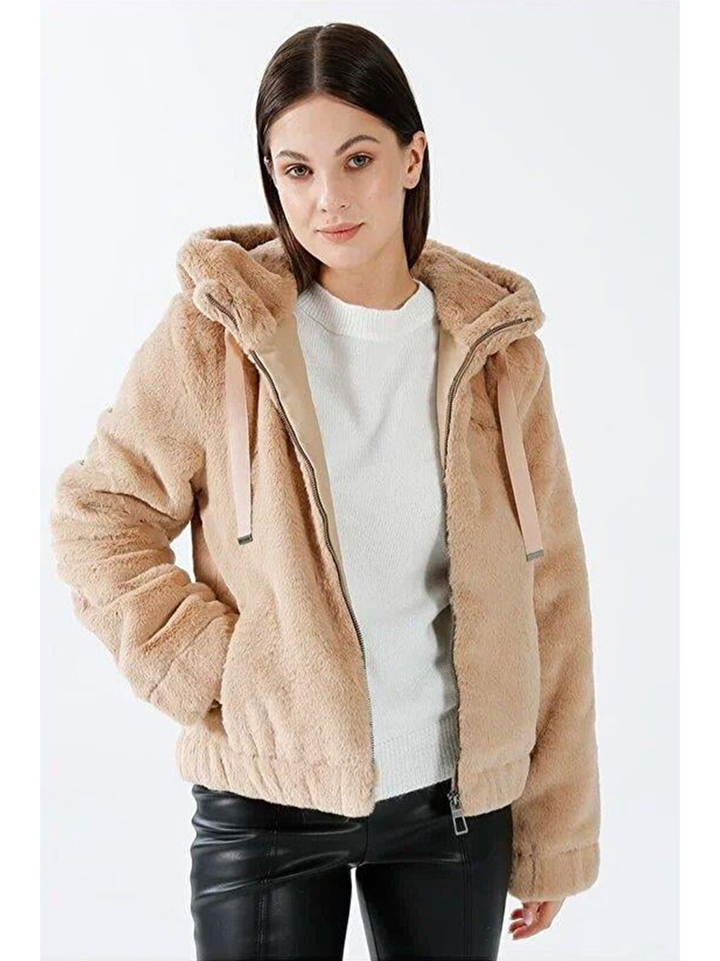 Bej Onlvida Regular Fit Yumuşak Dokulu Kapüşonlu Kısa Kadın Mont 15260047-2