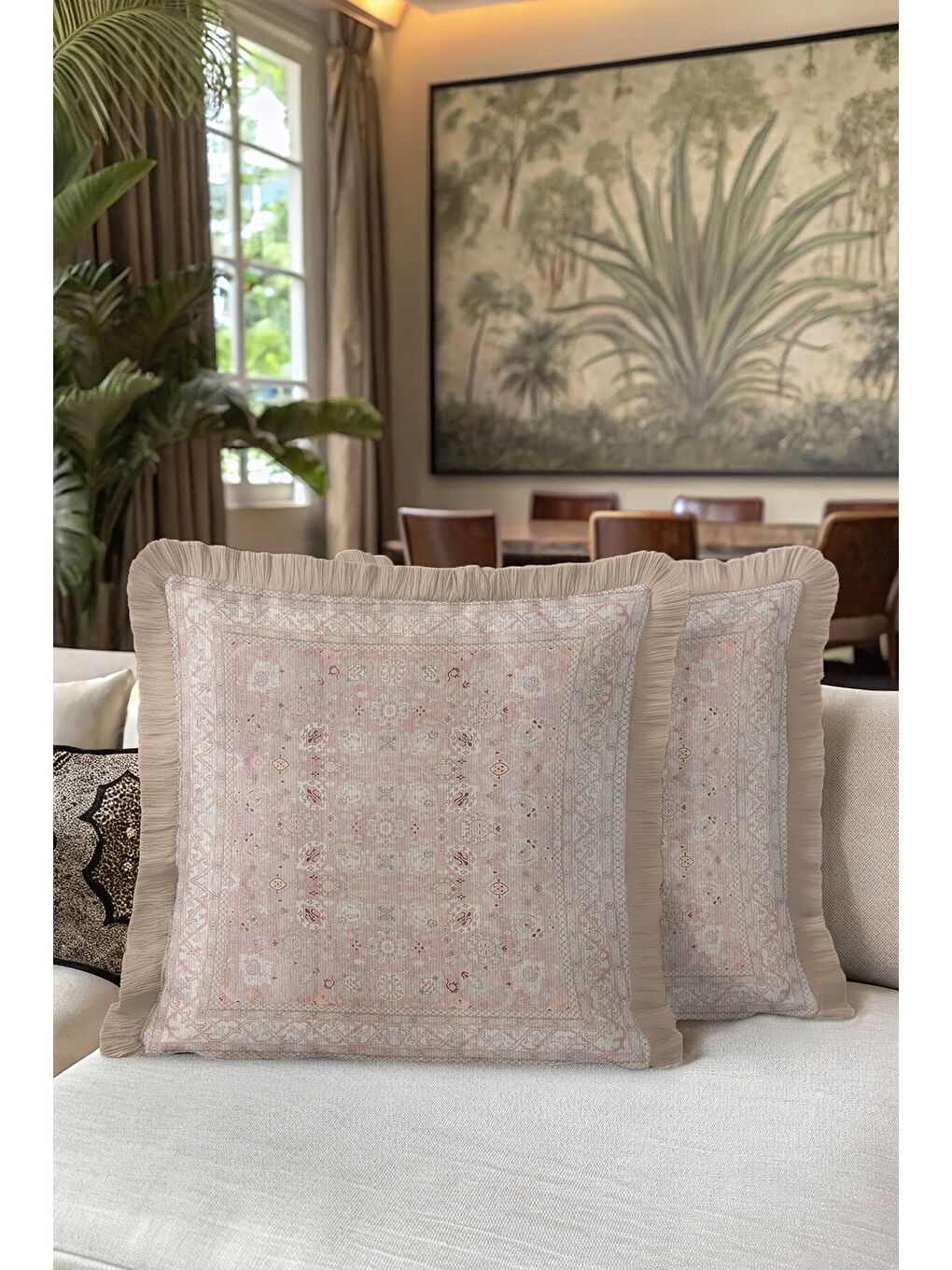 Karışık Zarif Vintage Halı Motifli Saçaklı Yastık Kılıfı - Klasik Rustik Pudra Bej Püsküllü Kırlent Kılıfı-7