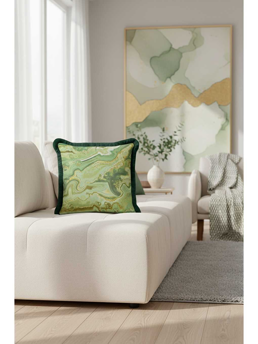 Karışık Zümrüt Mermer Saçaklı Yastık Kılıfı - Lüks Bohem Yeşil Altın Renkli Püsküllü Kırlent Kılıfı-3