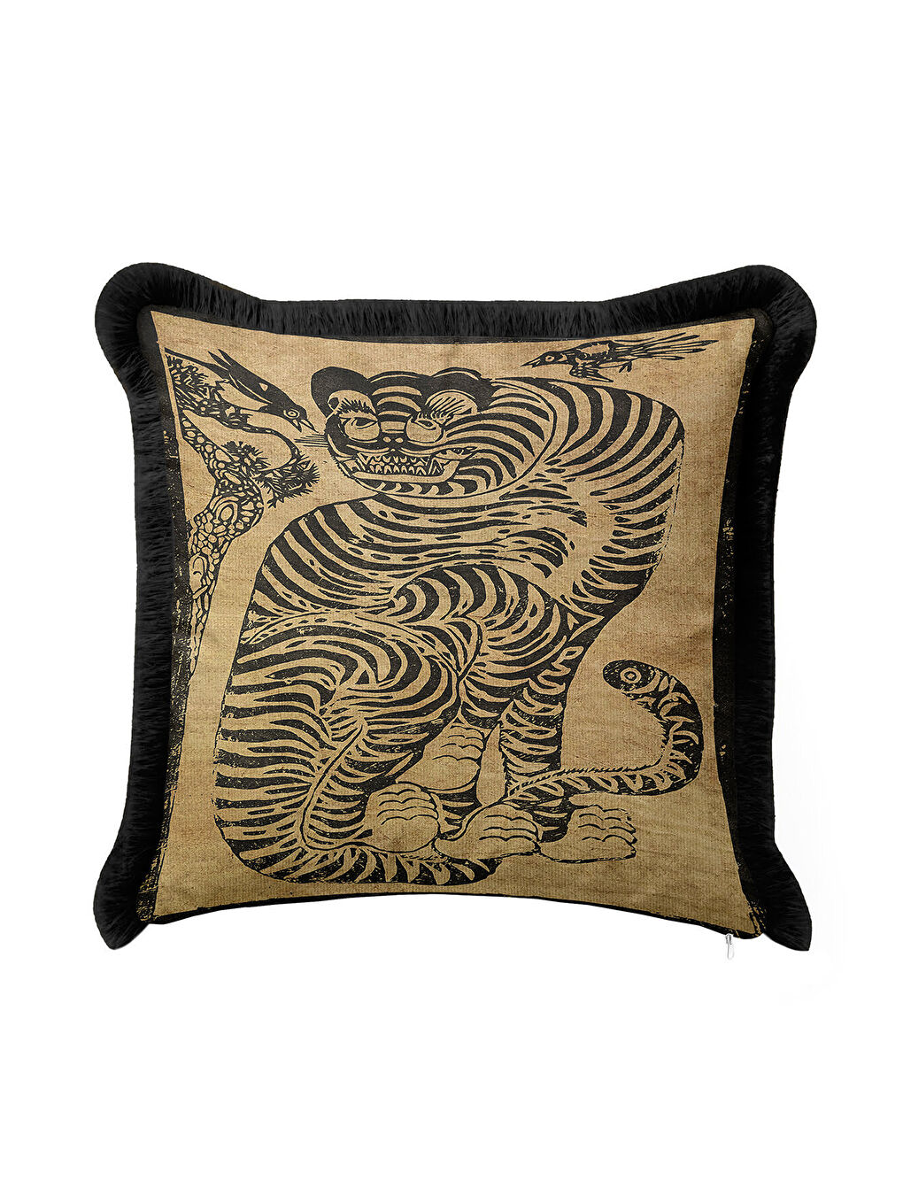Karışık Egzotik Kaplan Motifli Saçaklı Yastık Kılıfı - Asya Bohem Siyah Altın Renkli Püsküllü Kırlent Kılıfı-3