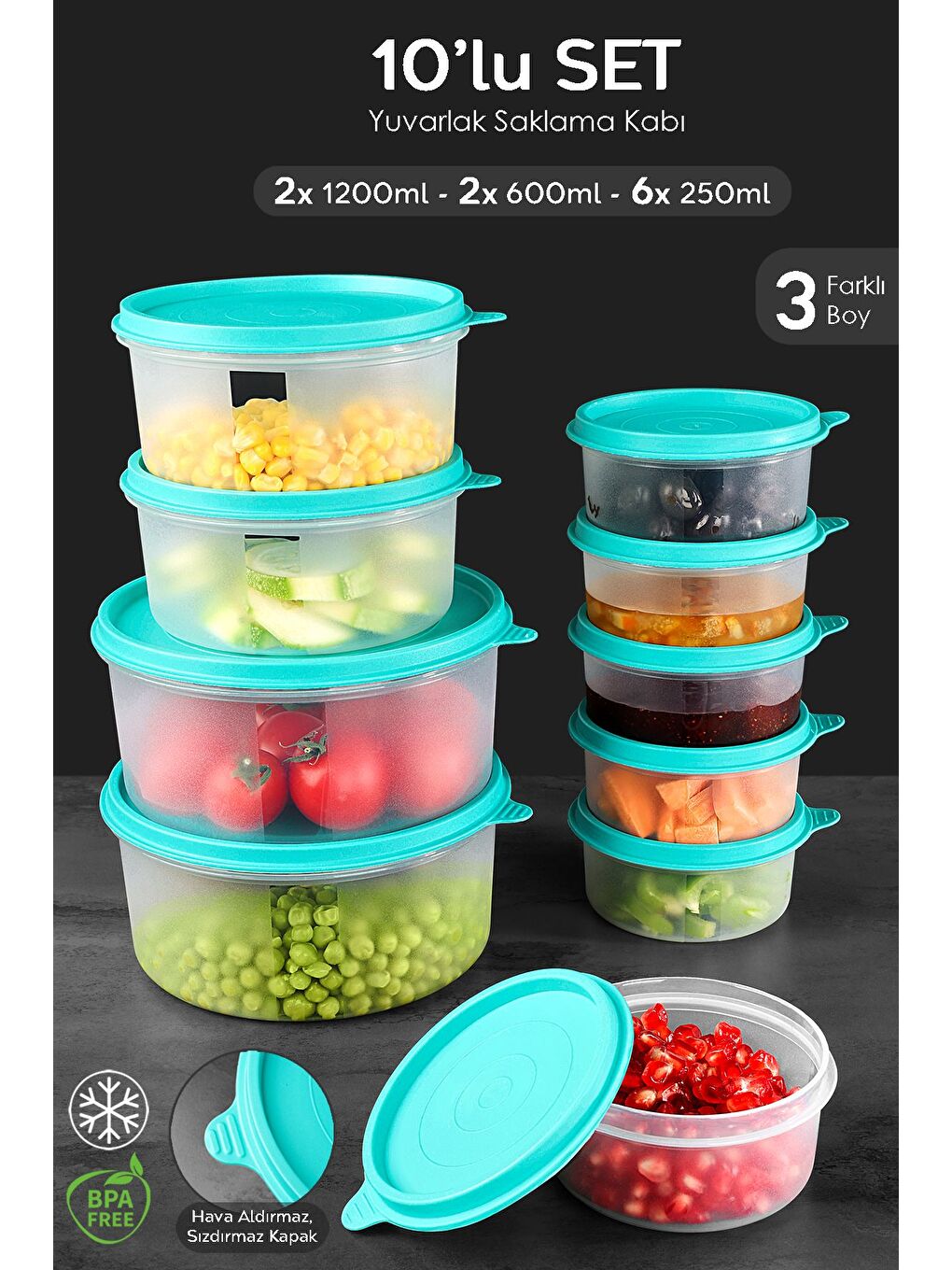 10'lu Yuvarlak Gıda Saklama Kabı Seti 6x250 2x600 2x1200 ml Yeşil