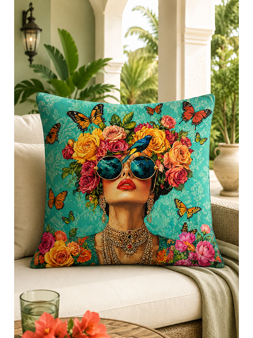 Turkuaz Çiçek Taçlı Kadın Kelebek Desenli Dekoratif Kırlent Kılıfı Bohem Salon Dekor 43x43 Cm-2