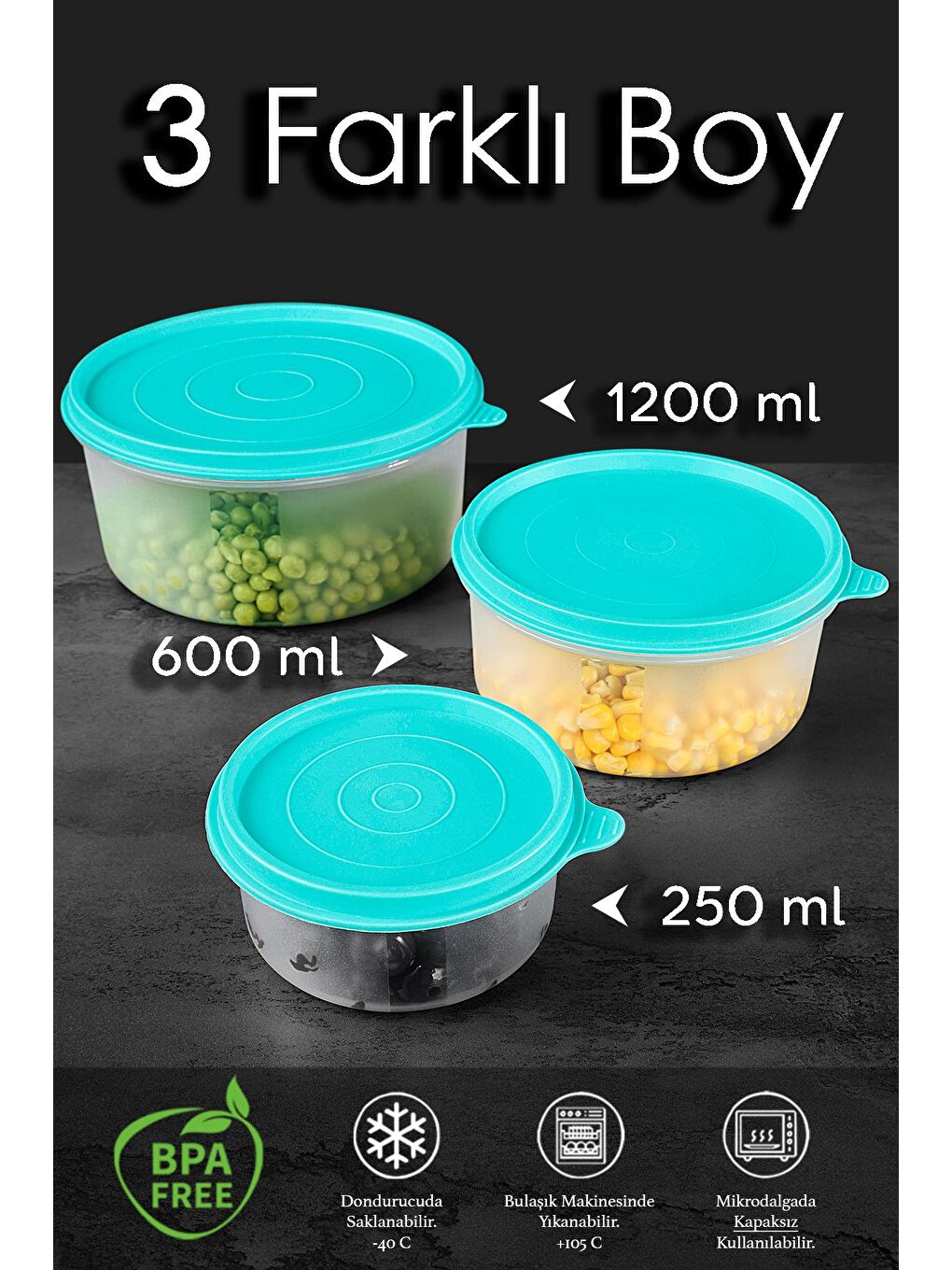 10'lu Yuvarlak Gıda Saklama Kabı Seti 6x250 2x600 2x1200 ml Yeşil-1