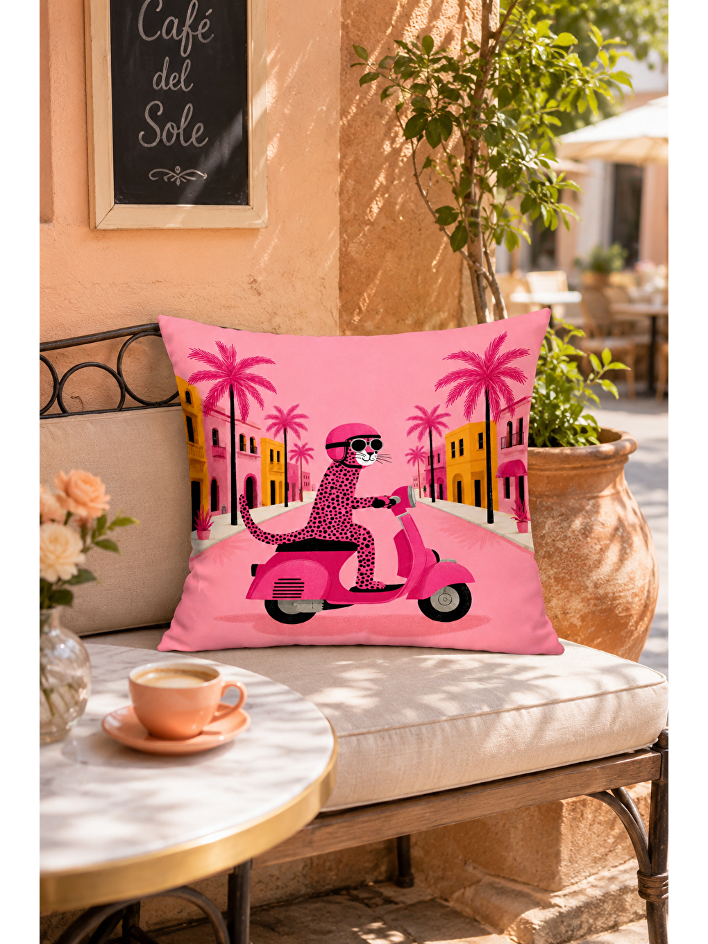 Pembe Scooter Leopar Desenli Dekoratif Kırlent Kılıfı Pop Art Yazlık Dekor 43x43 Cm-7