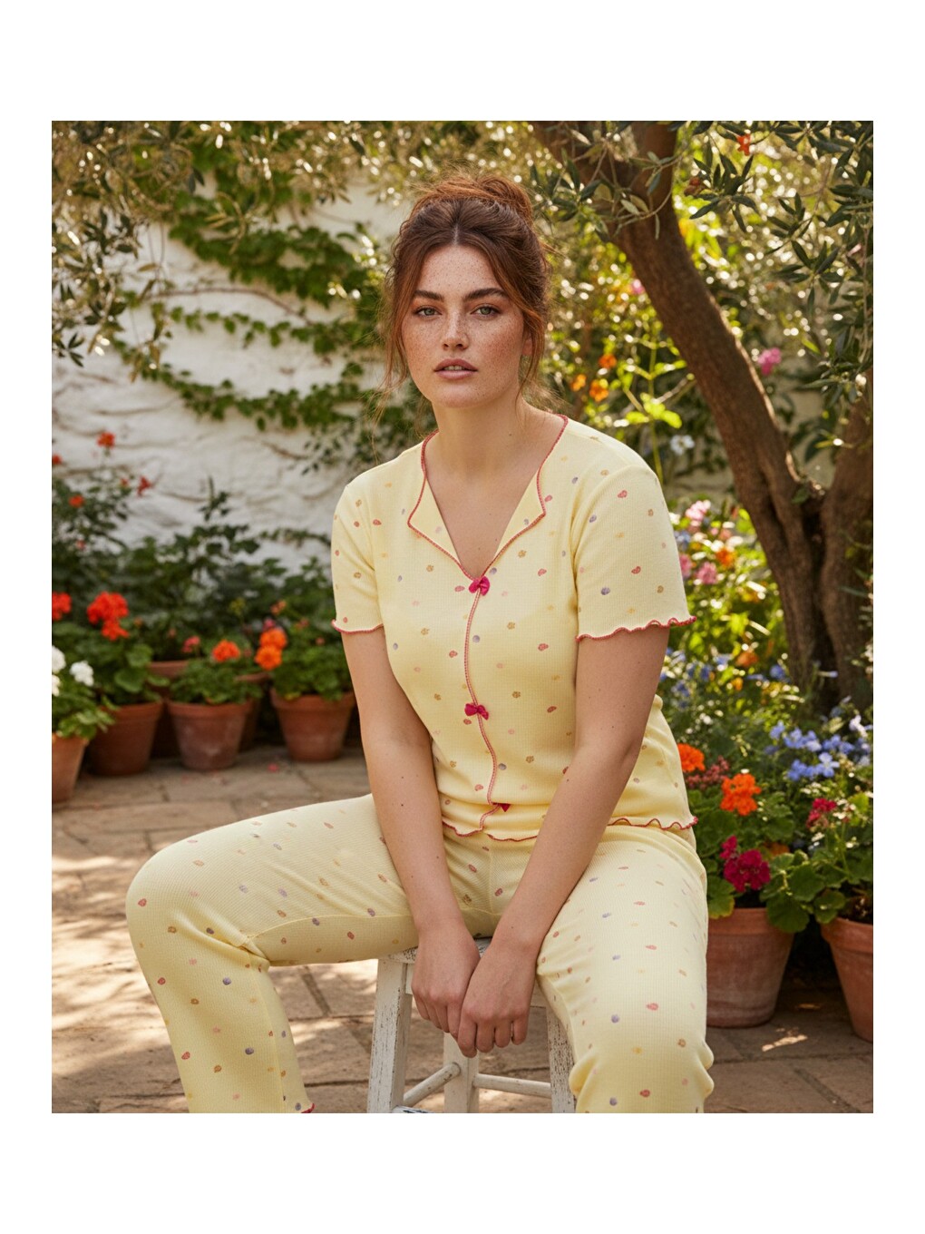 Sarı Beden Fitilli Kaşkorse Örme Pijama Takım26120851