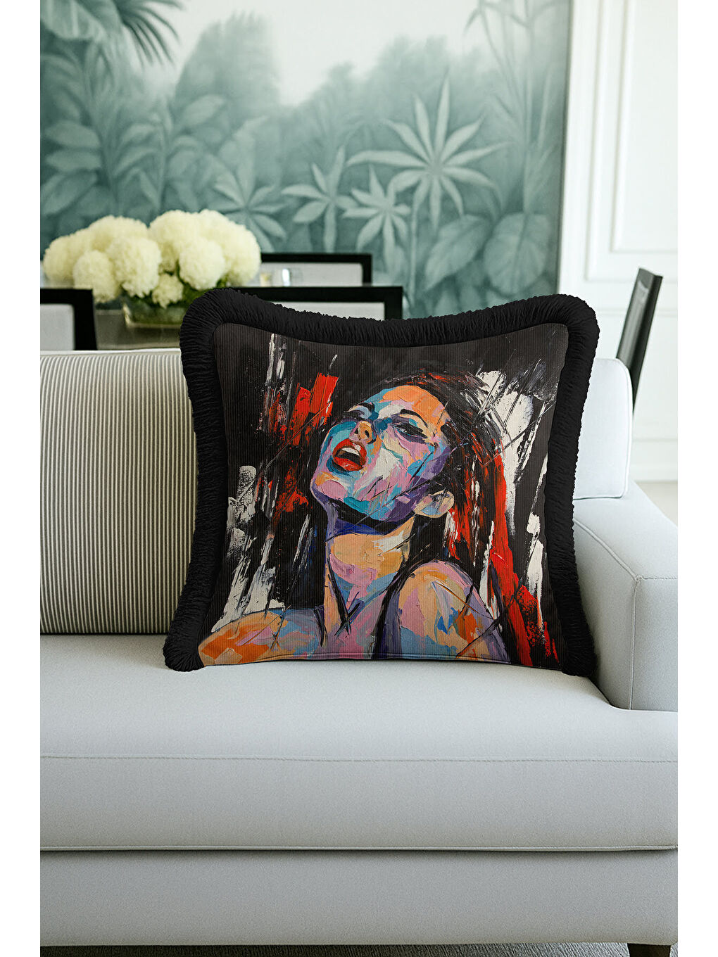 Karışık Soyut Portre Sanat Saçaklı Yastık Kılıfı - Modern Siyah Kırmızı Püsküllü Kırlent Kılıfı-2