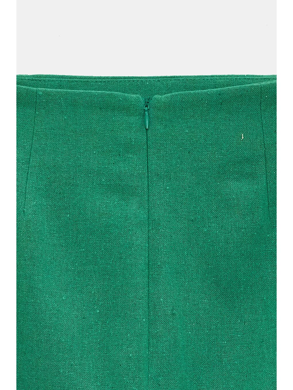 Yeşil Kadın Regular Fit Yırtmaçlı Mini Etek - Keten Görünümlü-3