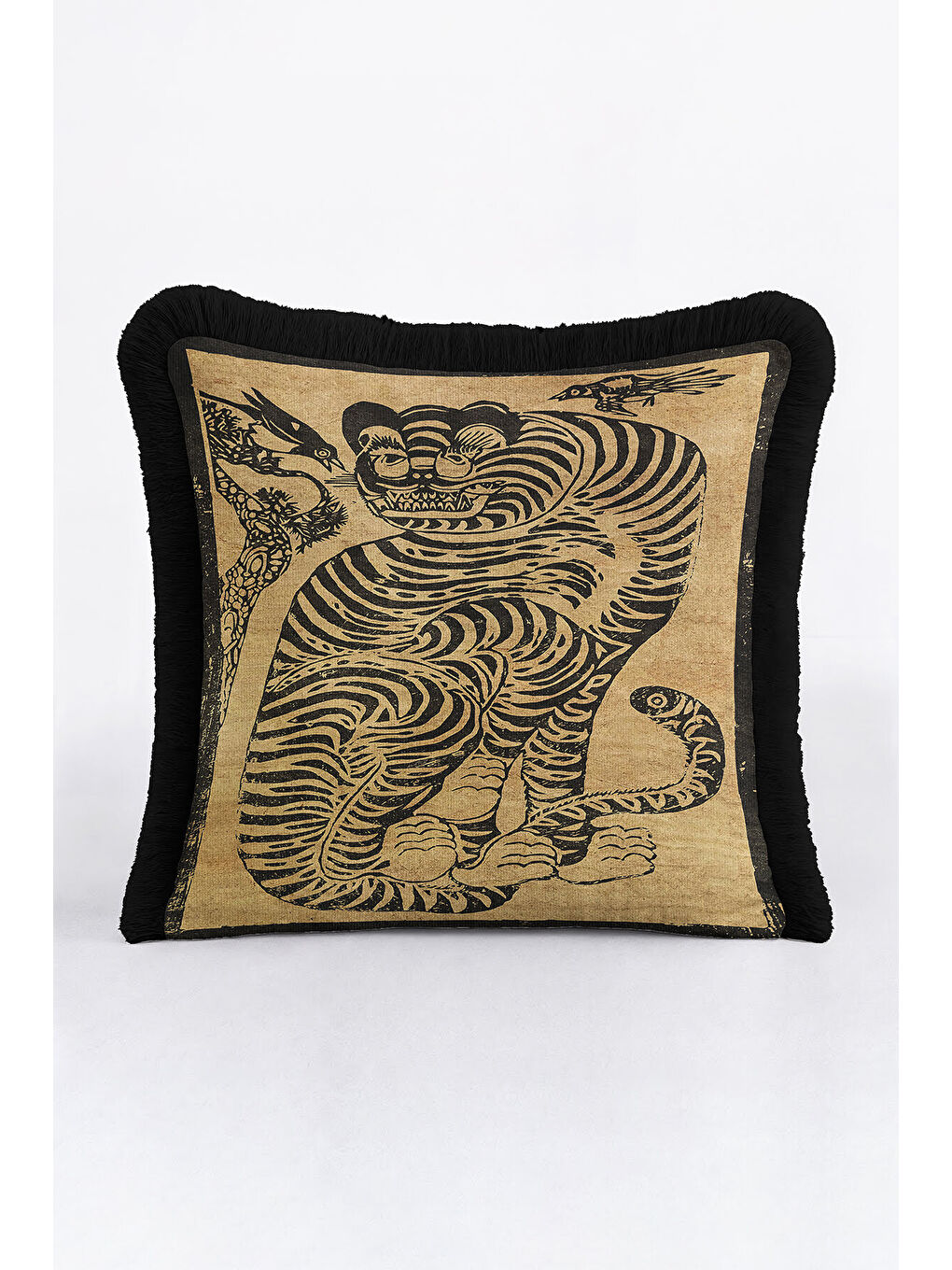 Karışık Egzotik Kaplan Motifli Saçaklı Yastık Kılıfı - Asya Bohem Siyah Altın Renkli Püsküllü Kırlent Kılıfı-4