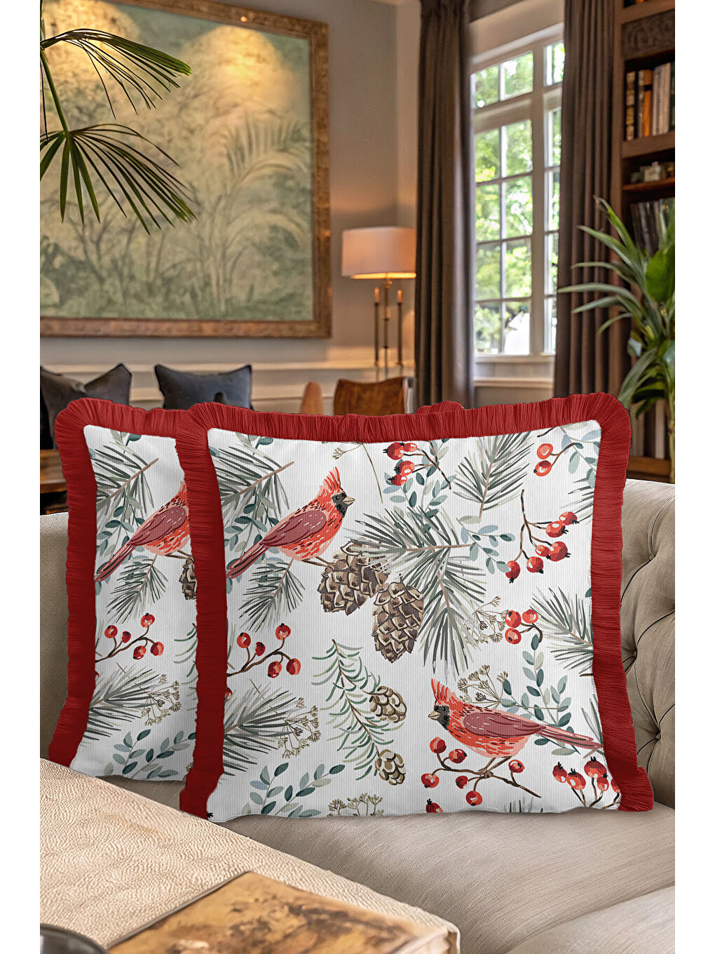 Karışık Kuş Motifli Saçaklı Yastık Kılıfı - Kış Bahçesi Rustik Kırmızı Püsküllü Kırlent Kılıfı-7