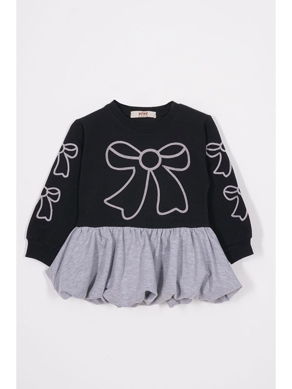 Bisiklet Yaka Fiyonk Detaylı Balon Etekli Gül Siyah Renk Kız Çocuk Etekli Elbise