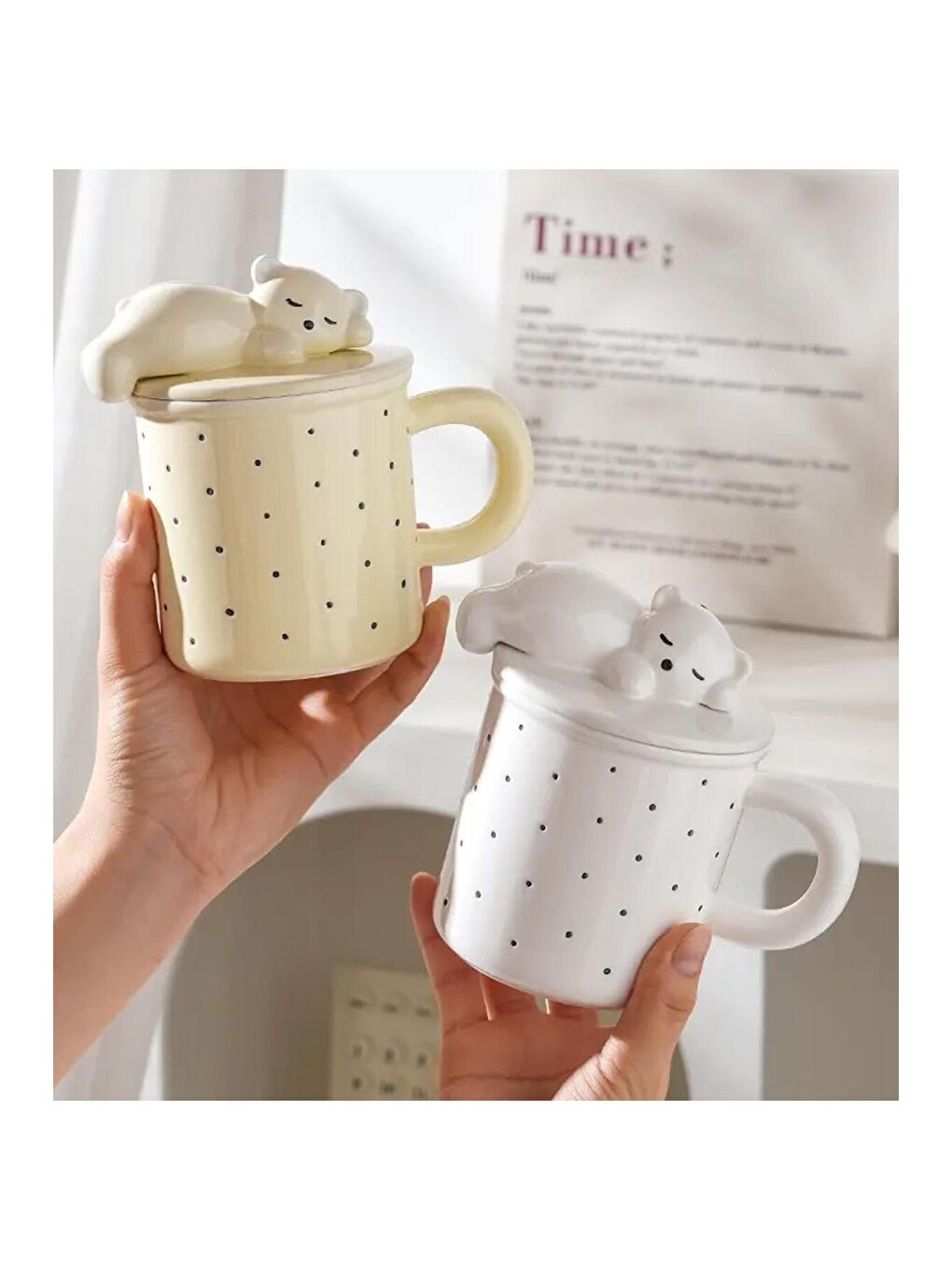 Karışık Ayıcık Figürlü Nokta Desenli Kapaklı Seramik Kupa-2