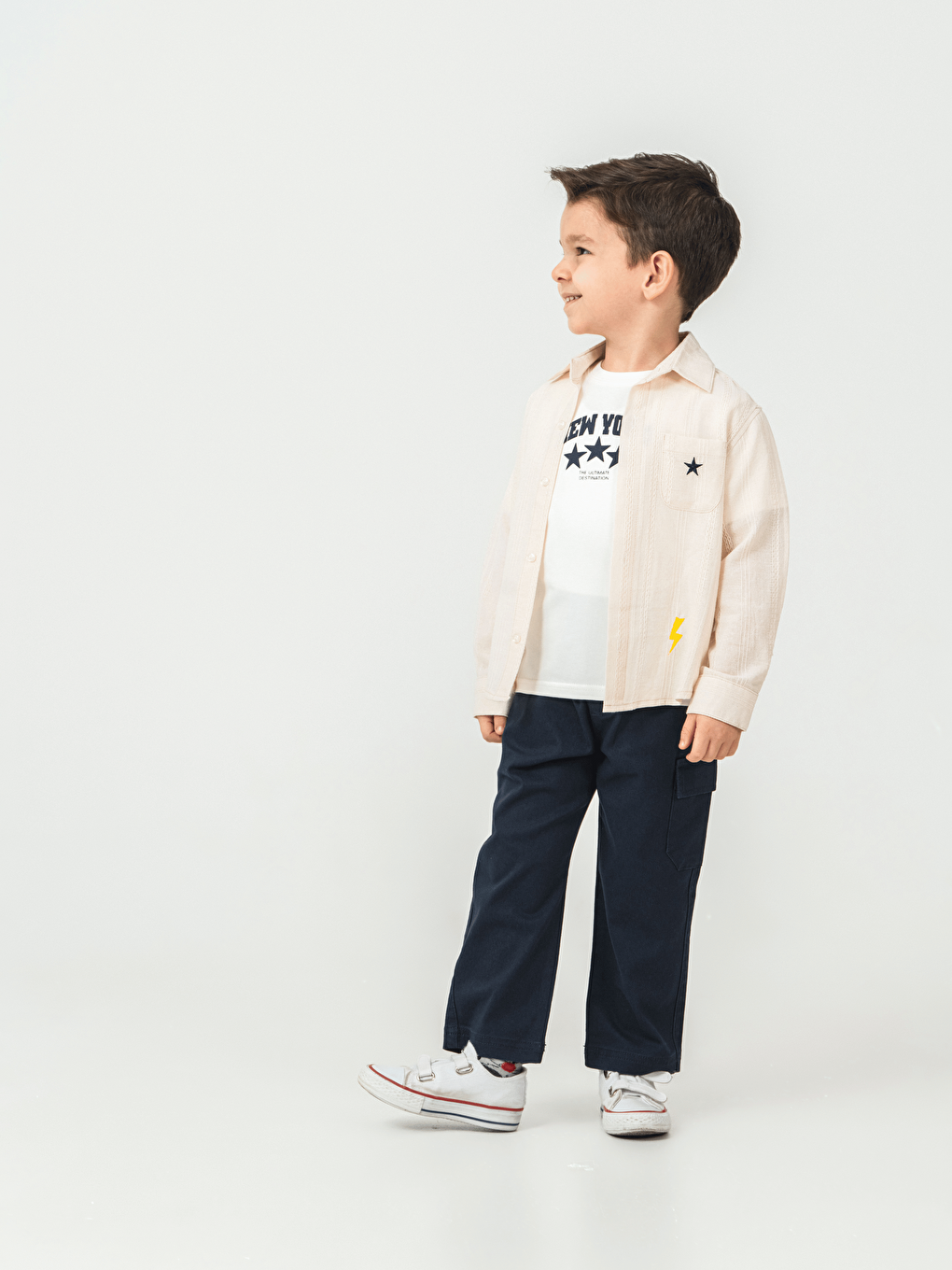 Ekru Pamuklu Gömlek Pantolon Tişörtlü Erkek Çocuk 3lü Takım-1