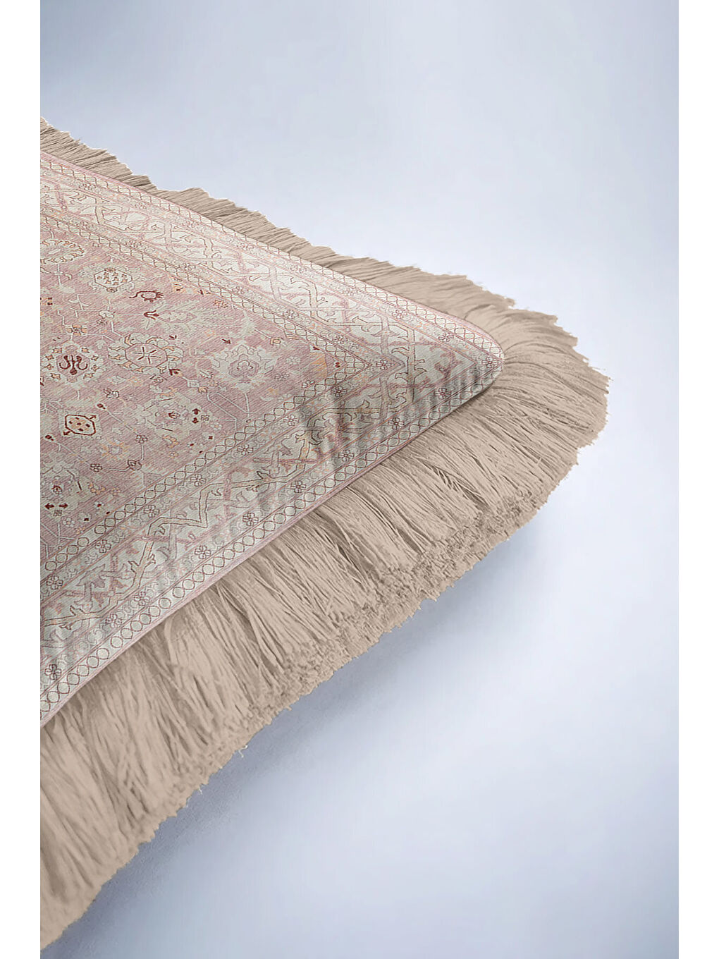 Karışık Zarif Vintage Halı Motifli Saçaklı Yastık Kılıfı - Klasik Rustik Pudra Bej Püsküllü Kırlent Kılıfı-8
