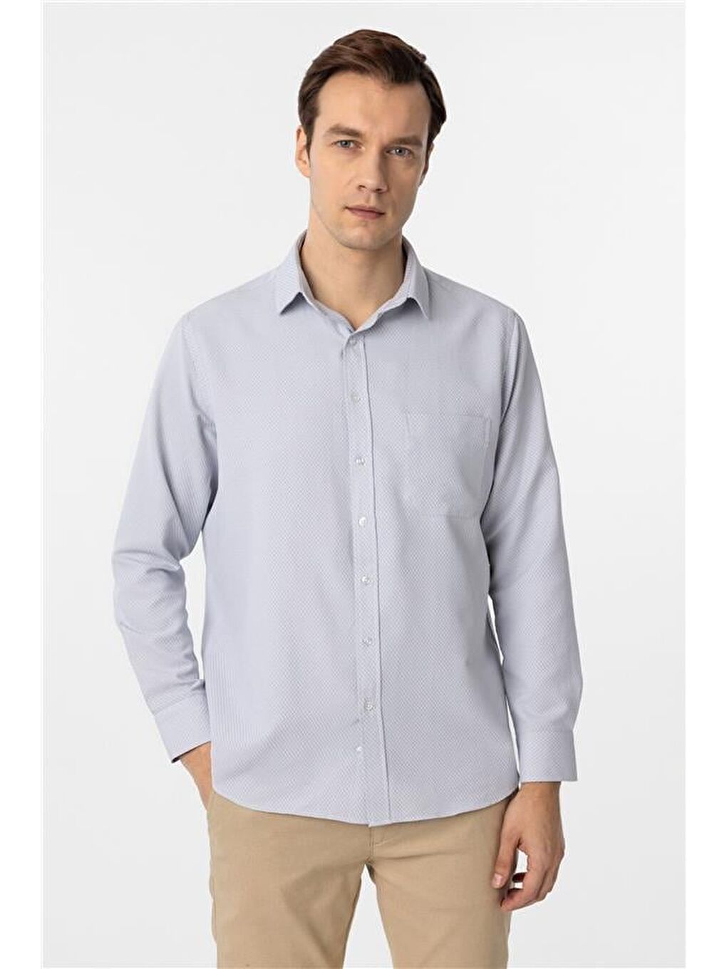 Gri Regular Armürlü Klasik Yaka Gömlek-1