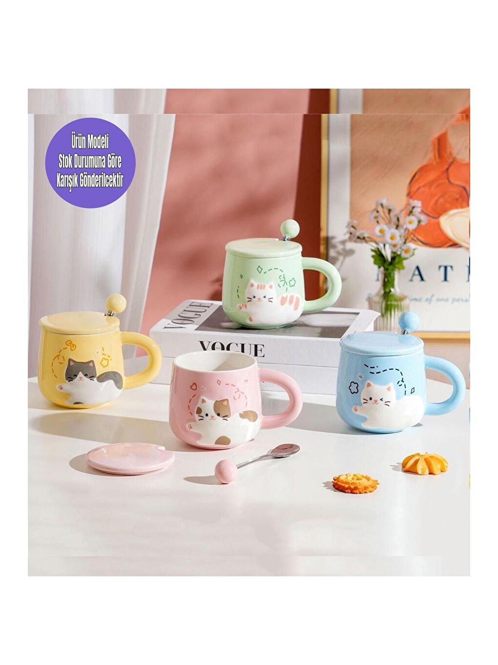 Karışık Pastel Renkli Sevimli Kedi Seramik Kupa
