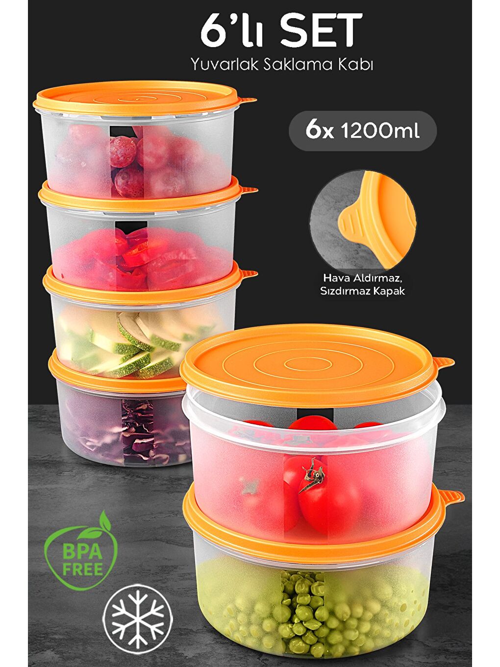 6'lı Yuvarlak Gıda Saklama Kabı Seti 6x1200 ml Turuncu