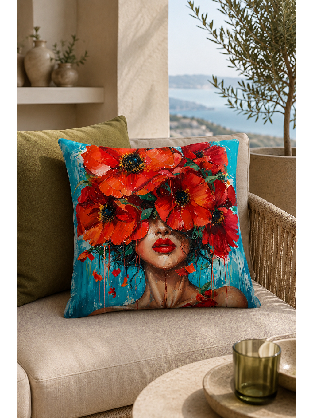 Kırmızı Çiçekli Kadın Portre Desenli Dekoratif Kırlent Kılıfı Bohem Dekor 43x43 Cm-7