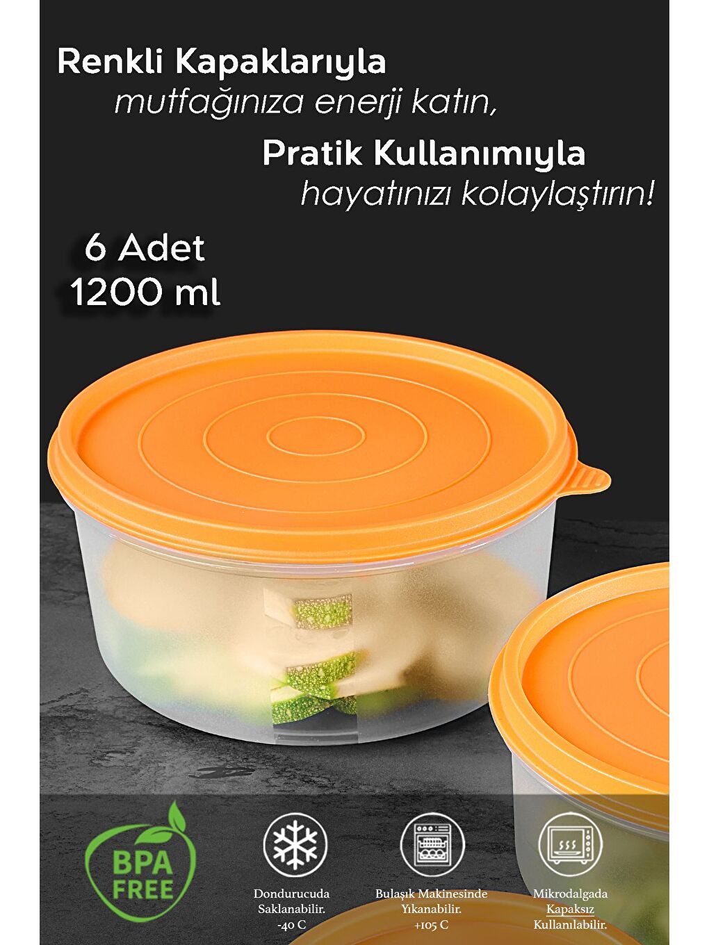 6'lı Yuvarlak Gıda Saklama Kabı Seti 6x1200 ml Turuncu-1