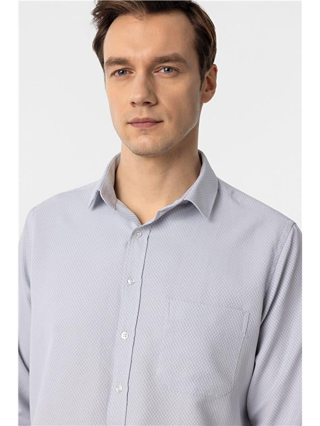 Gri Regular Armürlü Klasik Yaka Gömlek-2