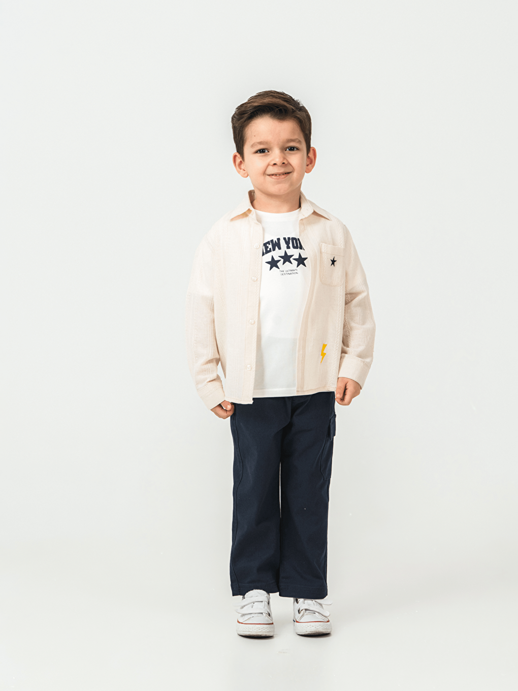 Ekru Pamuklu Gömlek Pantolon Tişörtlü Erkek Çocuk 3lü Takım-3