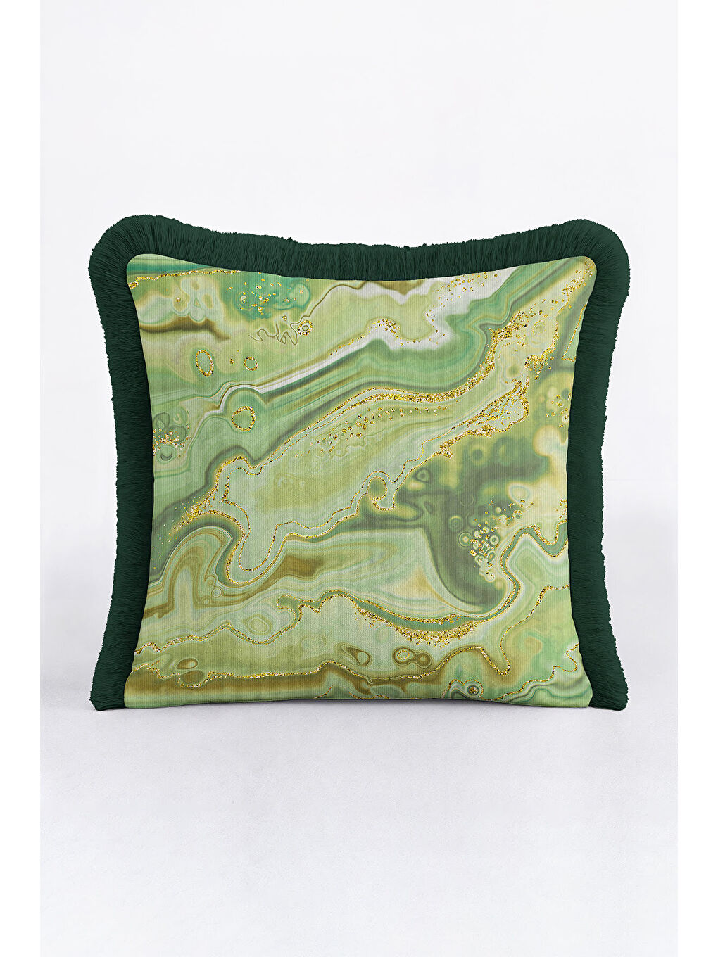 Karışık Zümrüt Mermer Saçaklı Yastık Kılıfı - Lüks Bohem Yeşil Altın Renkli Püsküllü Kırlent Kılıfı-4