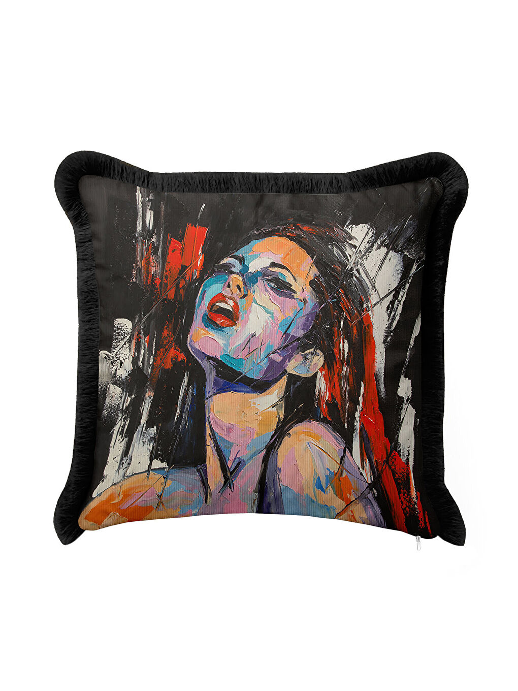 Karışık Soyut Portre Sanat Saçaklı Yastık Kılıfı - Modern Siyah Kırmızı Püsküllü Kırlent Kılıfı-3