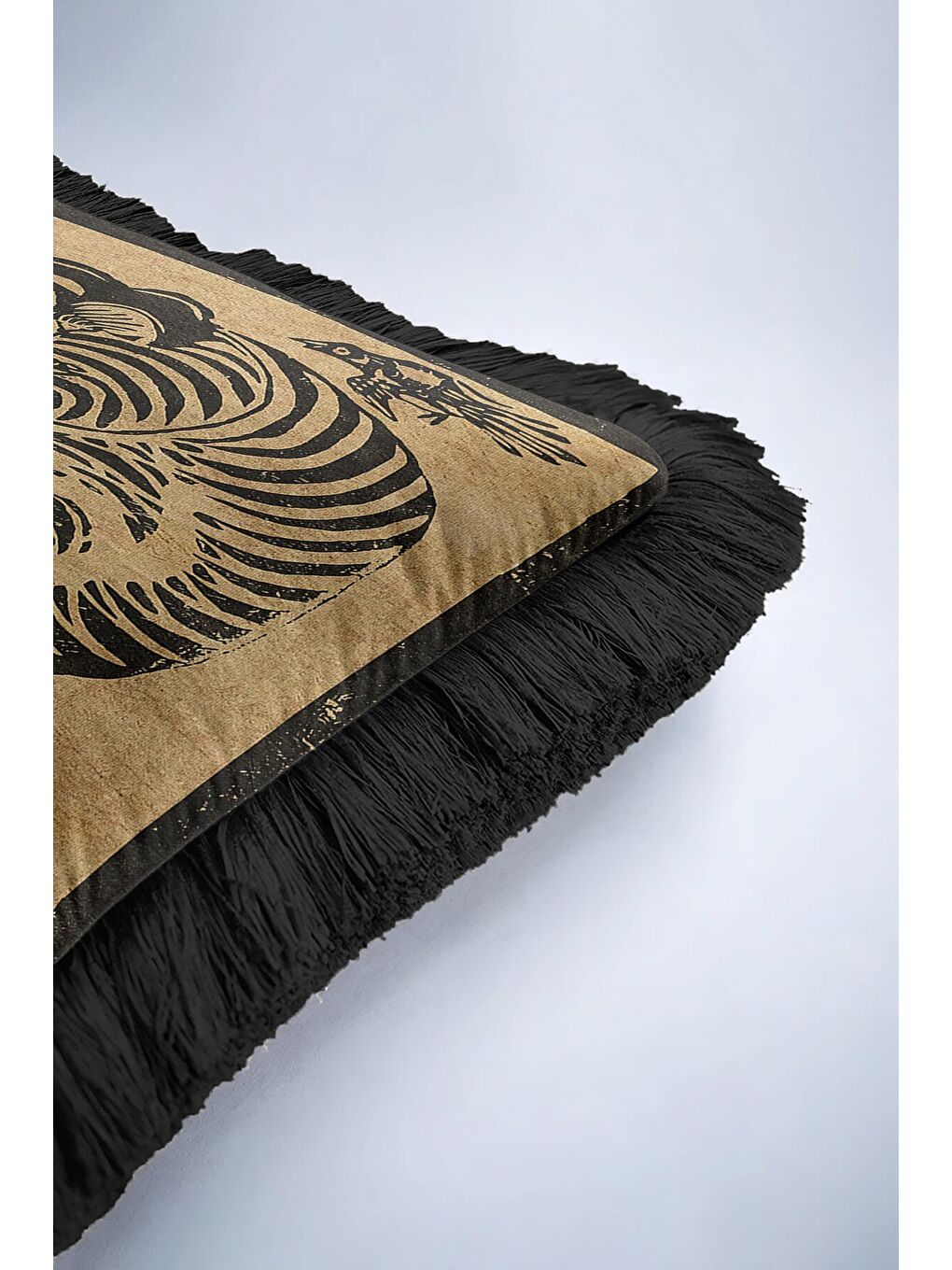 Karışık Egzotik Kaplan Motifli Saçaklı Yastık Kılıfı - Asya Bohem Siyah Altın Renkli Püsküllü Kırlent Kılıfı-6